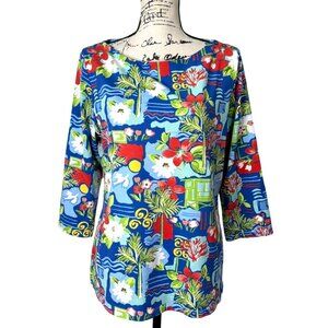 J. McLaughlin Womens XL Top Catalina Cloth Tropical Floral Blue Red 3/4 Sleeve